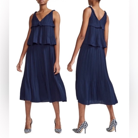 Maje Dresses & Skirts - Maje sz 1 US Small Rockanil Pleated Tiered Midi Dress Marine Navy twist straps